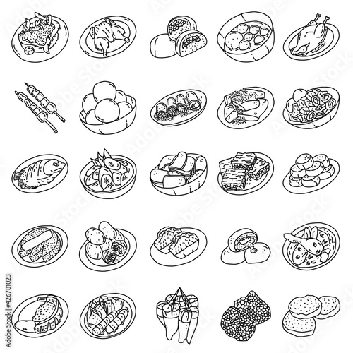 Indonesian Food Set Icon Vector. Doodle Hand Drawn or Outline Icon Style