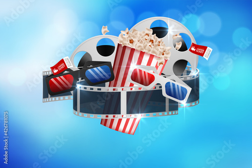 Cinematograph concept banner design template with popcorn, drink, film reel, film tape and ticket on blue bokeh background