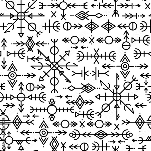 Ethnic Norwegian Icelandic seamless pattern. Runic talismans of the Vikings and northern peoples. Magic and magical runes. Pagan signs. Futhark repeatable background. Vector