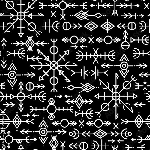 Ethnic Norwegian Icelandic seamless pattern. Runic talismans of the Vikings and northern peoples. Magic and magical runes. Pagan signs. Futhark repeatable background. Vector