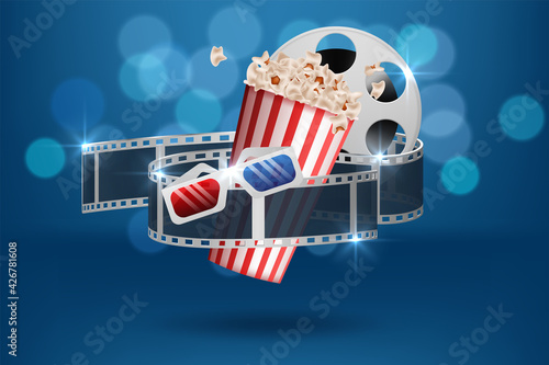 Cinematograph concept banner design template with popcorn, drink, film reel, film tape and ticket on blue bokeh background