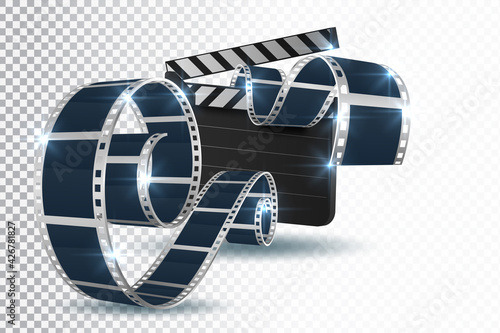 Realistic 3D cinema film strip in perspective isolated