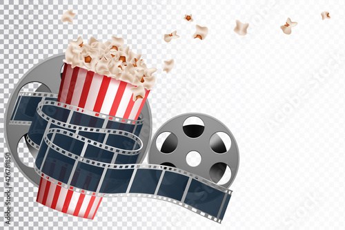 Realistic cinema movie poster template with film reel, clapper, popcorn, 3D glasses
