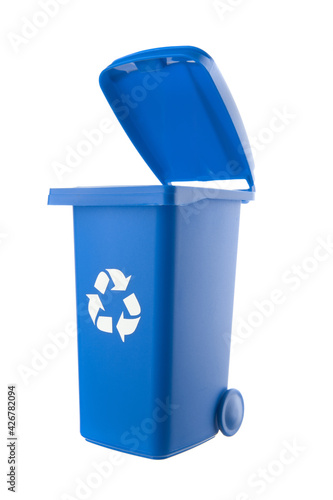 Plastic blue trash can isolated on white background