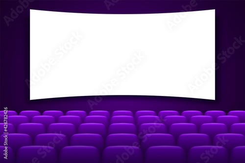 Cinema hall with white screen and purple chairs