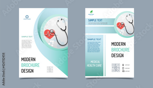 Medical health care flyer brochure template design, flyer template of health care with white background for text, space for picture and blue lines decoration. vector illustration 