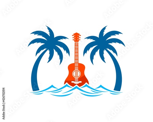 Palm tree with beach wave and guitar inside