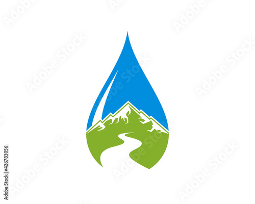 Green mountain road in the water drop logo