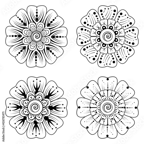 Set of Mehndi flower for henna  mehndi  tattoo  decoration. decorative ornament in ethnic oriental style. coloring book page.
