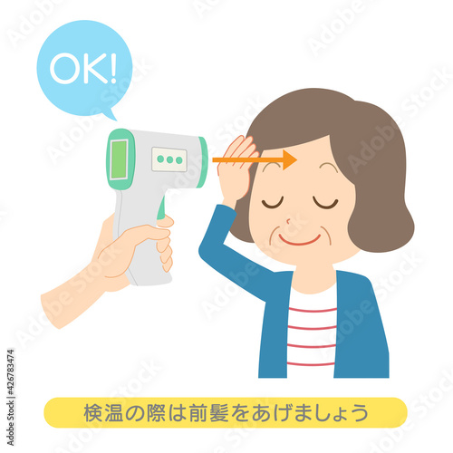 非接触体温計　目を閉じ前髪を上げて検温を受けるシニア女性　