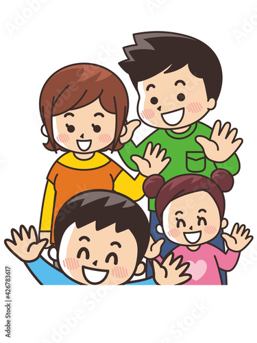 笑顔で手を振る家族