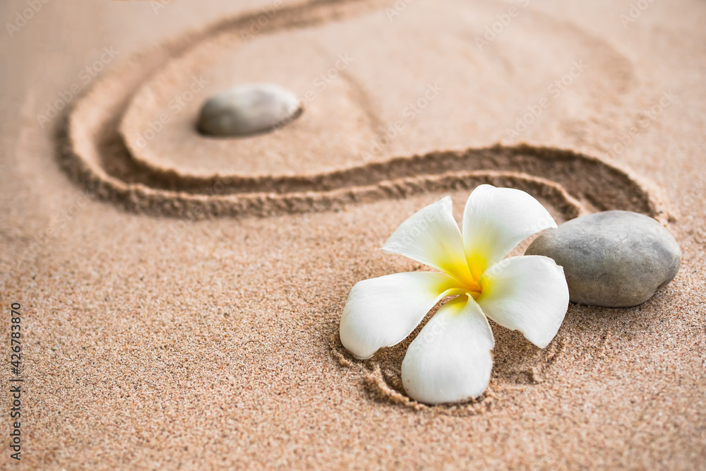Japanese zen garden stone on sand beach. rock or pebbles with plumeria flowers with copy space. for aroma therapy spa on summer holidays. meditation wellness and tranquility Japanese concept. Japanese zen garden stone on sand beach. rock or pebbles with plumeria flowers with copy space. for aroma therapy spa on summer holidays. meditation wellness and tranquility Japanese concept.
