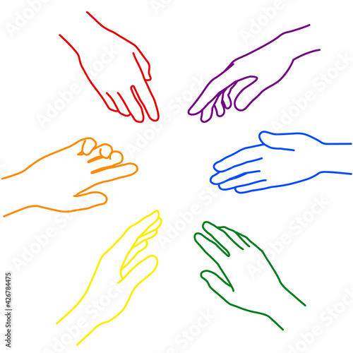 Rainbow-colored hand illustrations representing diversity and cooperation (white background, vector, cut out)