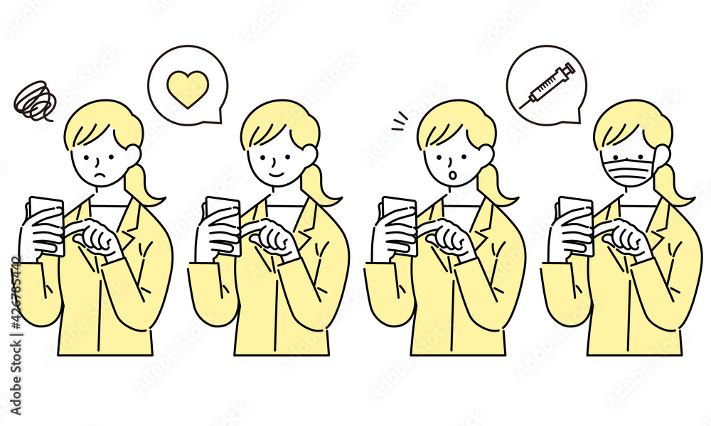 スマホで買い物やワクチンの予約をする女性のイラスト