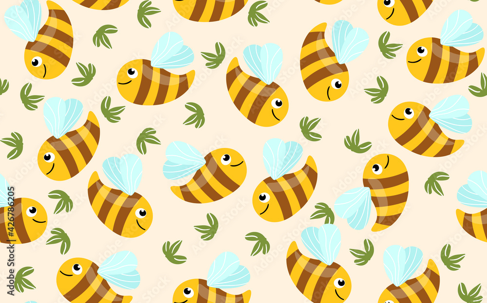 Fototapeta premium Seamless pattern with bees and leaves on color background. Small wasp. Vector illustration. Adorable cartoon character. Template design for invitation, cards, textile, fabric. Doodle style