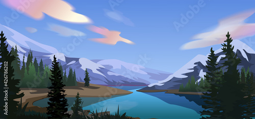Mountain lake with rainbow clouds landscape.