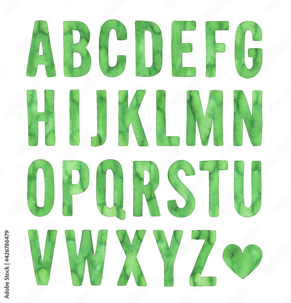 Fototapeta premium Watercolor illustration set of big green letters of English alphabet. Handdrawn watercolour sketchy drawing on white background, cutout clip art elements for design, banner, package, pattern, sticker.