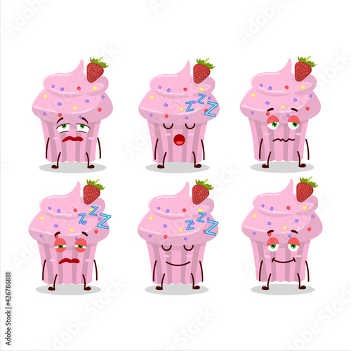 Cartoon character of strawberry muffin with sleepy expression