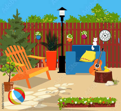 Suburban backyard in summer, cozy space decorating with seasonal flowers, no people, EPS 8 vector illustration