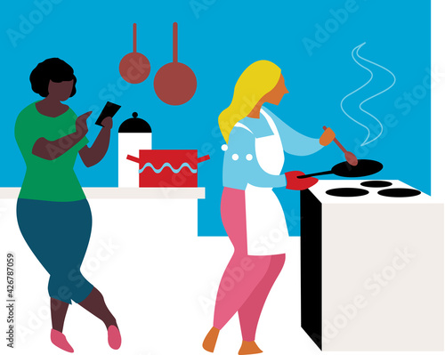 Two women cooking in a kitchen of their apartment or a house, checking a recipe online, EPS 8 vector illustration