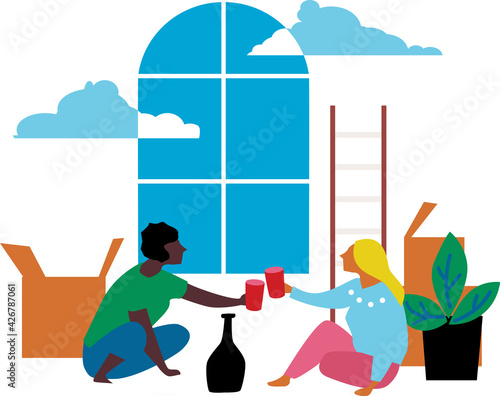 Two women celebrating moving in together into a new house, having a drink on a floor between boxes of their belongings, EPS 8 vector illustration 