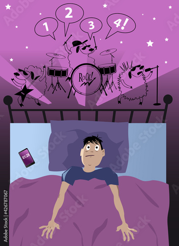 Young man lying in bad sleepless late at night suffer from insomnia, sheep in his head playing rock and roll, EPS 8 vector illustration
