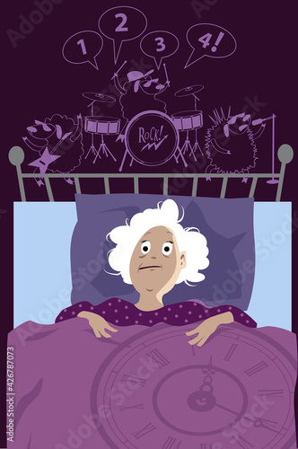 Senior woman lying in bad sleepless late at night suffer from insomnia, sheep in her head playing rock and roll, EPS 8 vector illustration
