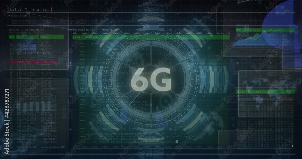 Animation of 6g text and glowing interface with charts and information moving on black background Animation of 6g text and glowing interface with charts and information moving on black background