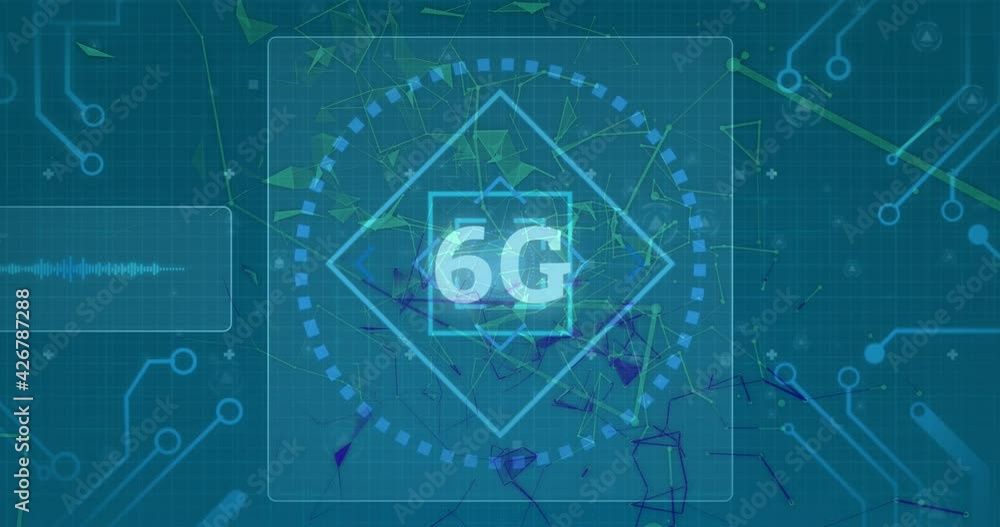 Animation of 6g text and interface with scope and shapes moving on dark green background Animation of 6g text and interface with scope and shapes moving on dark green background