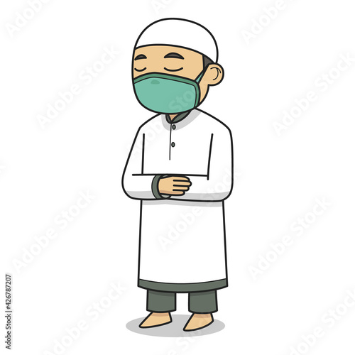 Imam Character Wearing Face Mask. Vector Illustration. Children Book.