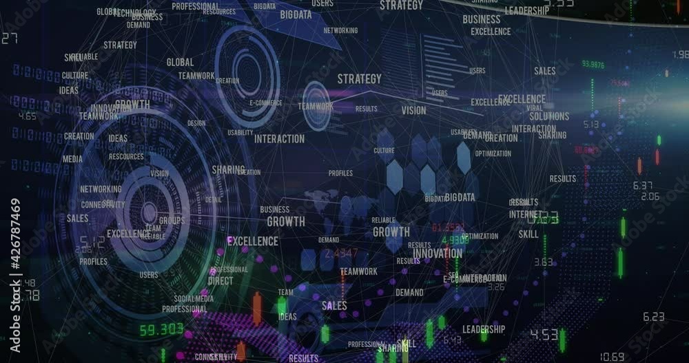 Animation of data processing, scopes scanning and business text on blue Animation of data processing, scopes scanning and business text on blue