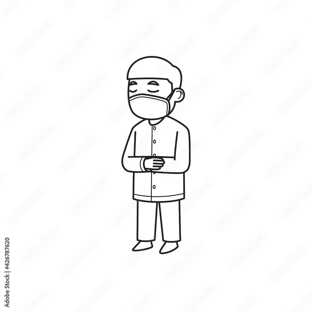 Little Boy Character Wearing Face Mask. Vector Illustration. Coloring Book. Little Boy Character Wearing Face Mask. Vector Illustration. Coloring Book.