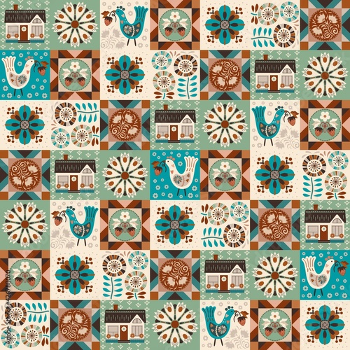 Modern patchwork featuring assorted folksy flowers, cute bird with wild strawberry, house, geometric quilting blocks in trendy comforting calm and ground hues. For interior decor, printed, web items.
