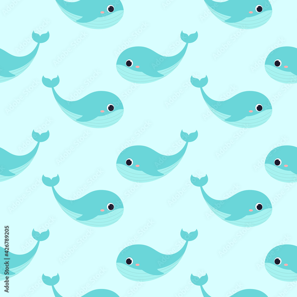 Whale blue vector. Seamless pattern for baby background. Cute ocean animal in flat style
Whale blue vector. Seamless pattern for baby background. Cute ocean animal in flat style
