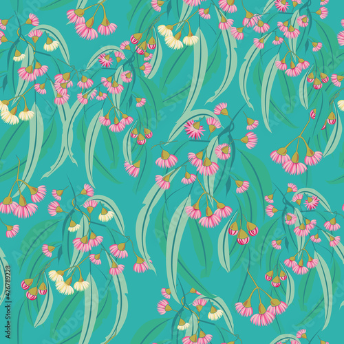Pink Eucalyptus Blossom seamless vector repeat pattern. Vector illustration perfect for fabric, apparel, surface design and stationary design applications