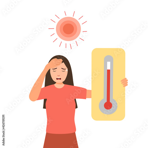 Woman suffering from heat and sweaty dehydration holding temperature with strong sunlight in flat design. Hot summer day.