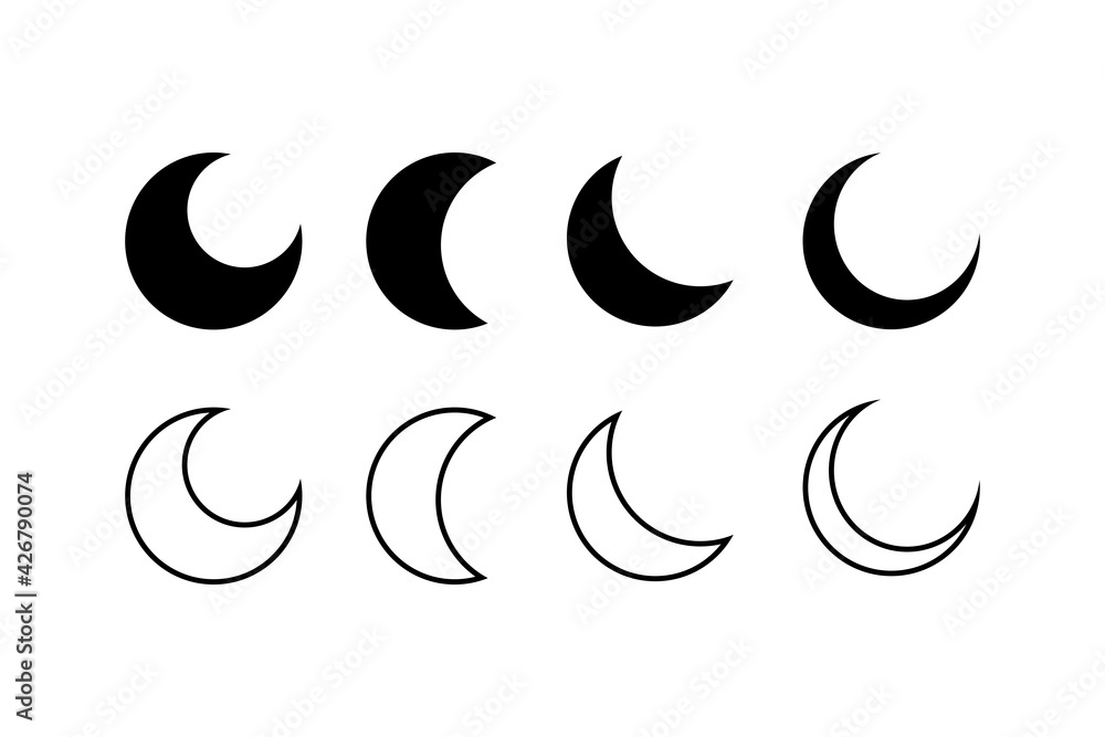 Set off Simple Moon Icon. Fill and Outline Crescent isolated on White Background. Flat Vector Icon Design Template Elements. Set off Simple Moon Icon. Fill and Outline Crescent isolated on White Background. Flat Vector Icon Design Template Elements.