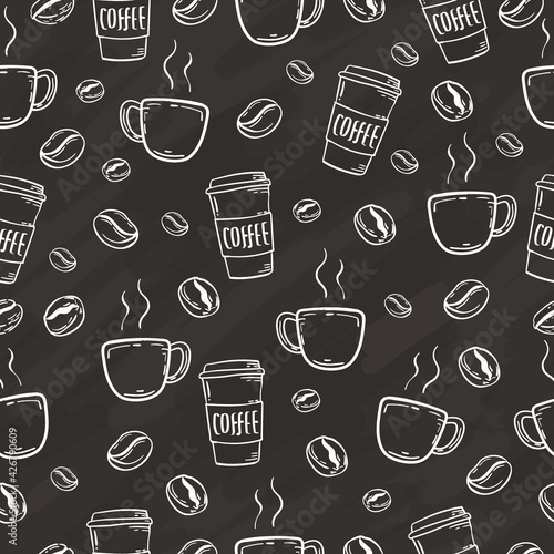 hand drawn coffee bean and cup seamless background