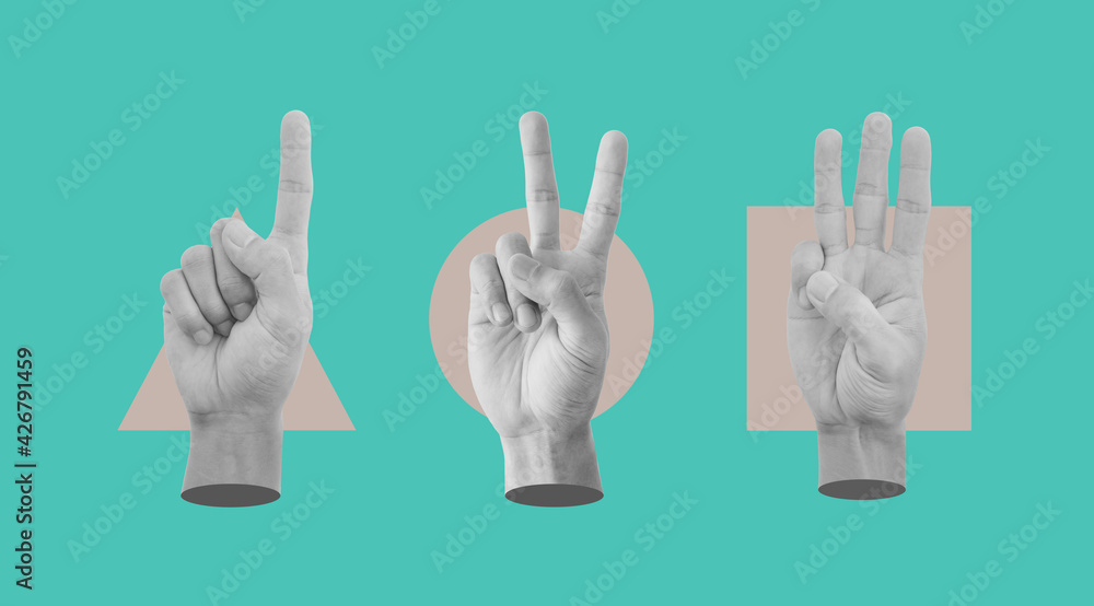 Fototapeta premium Digital collage modern art. Hands counting one two, and tree, with different geometry