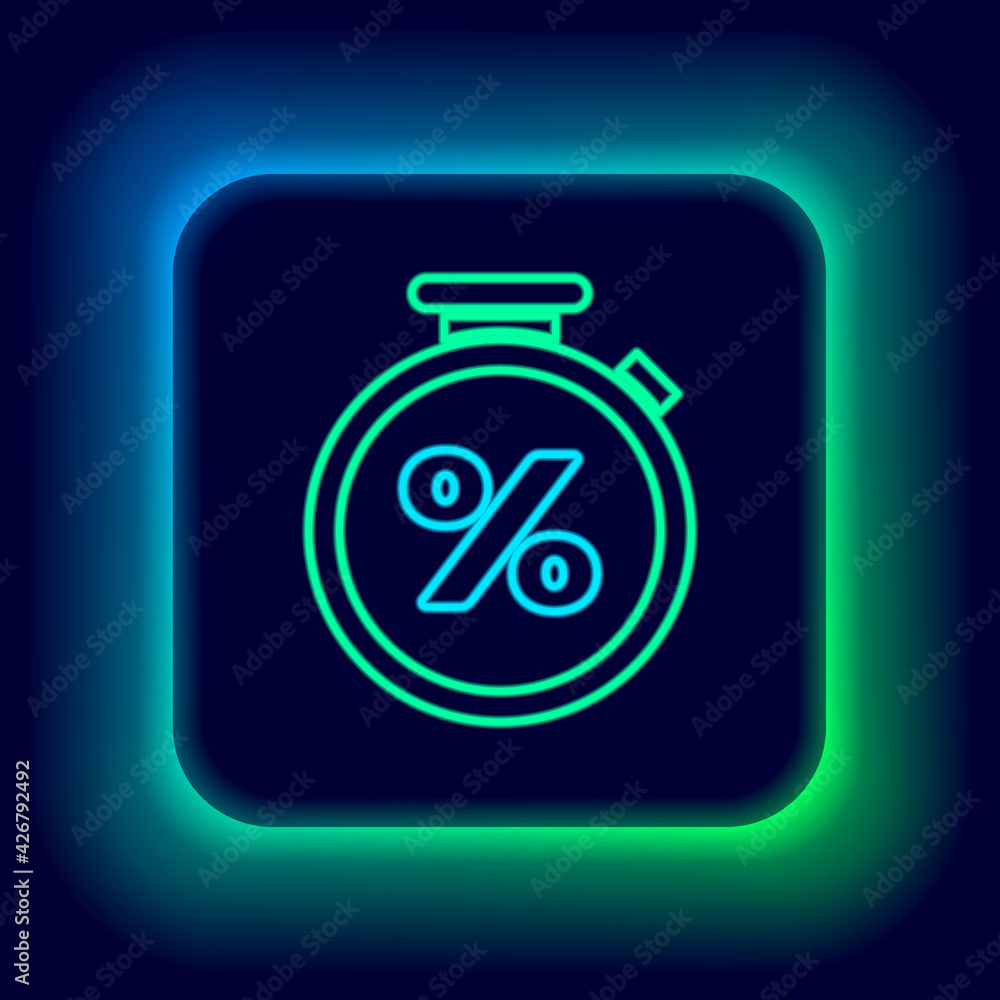 Glowing neon line Stopwatch and percent discount icon isolated on black background. Time timer sign. Colorful outline concept. Vector Glowing neon line Stopwatch and percent discount icon isolated on black background. Time timer sign. Colorful outline concept. Vector