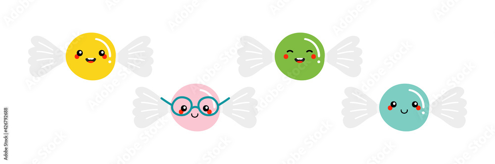 Ταπετσαρία Set, collection of cute, smiling and colorful cartoon style candy, sweets, taffy characters