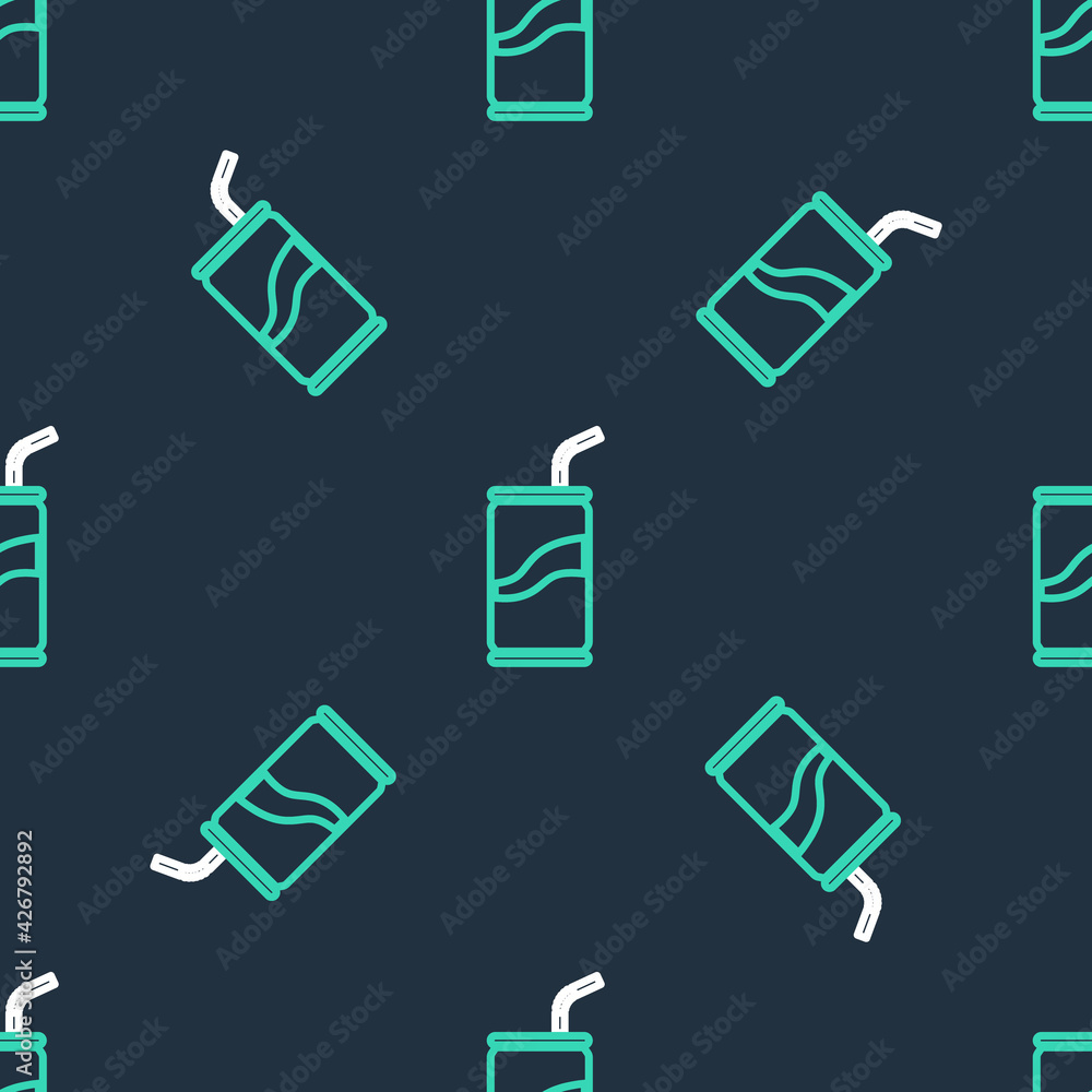 Line Soda can with drinking straw icon isolated seamless pattern on black background. Vector Line Soda can with drinking straw icon isolated seamless pattern on black background. Vector