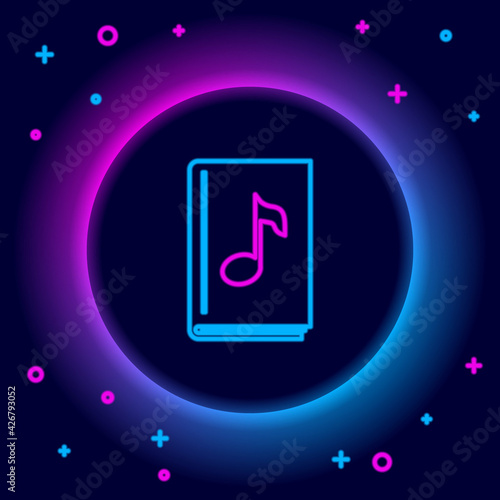 Glowing neon line Audio book icon isolated on black background. Musical note with book. Audio guide sign. Online learning concept. Colorful outline concept. Vector