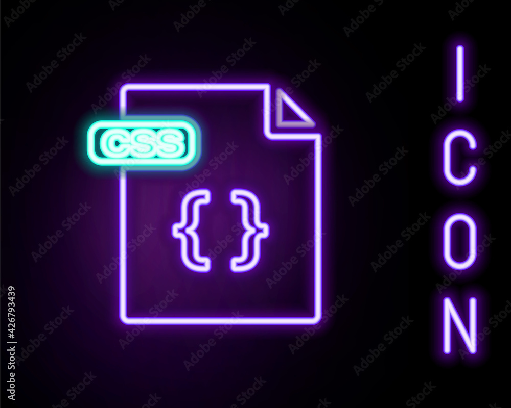 Glowing neon line CSS file document. Download css button icon isolated on black background. CSS file symbol. Colorful outline concept. Vector Glowing neon line CSS file document. Download css button icon isolated on black background. CSS file symbol. Colorful outline concept. Vector