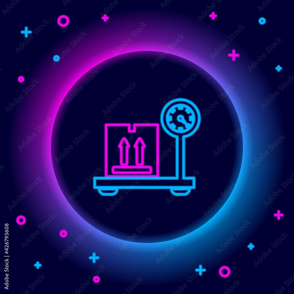 Glowing neon line Scale with cardboard box icon isolated on black background. Logistic and delivery. Weight of delivery package on a scale. Colorful outline concept. Vector Glowing neon line Scale with cardboard box icon isolated on black background. Logistic and delivery. Weight of delivery package on a scale. Colorful outline concept. Vector