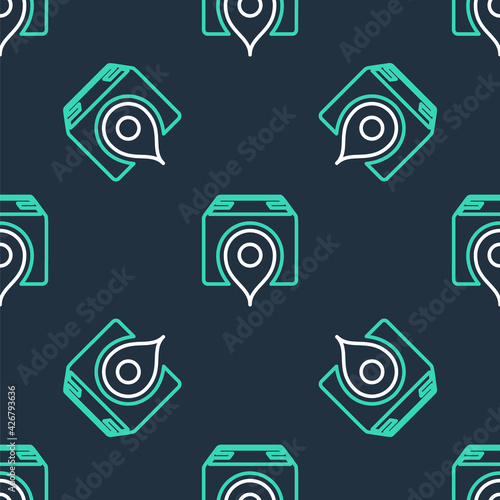 Line Location with cardboard box icon isolated seamless pattern on black background. Delivery services, logistic and transportation, relocation, distribution. Vector