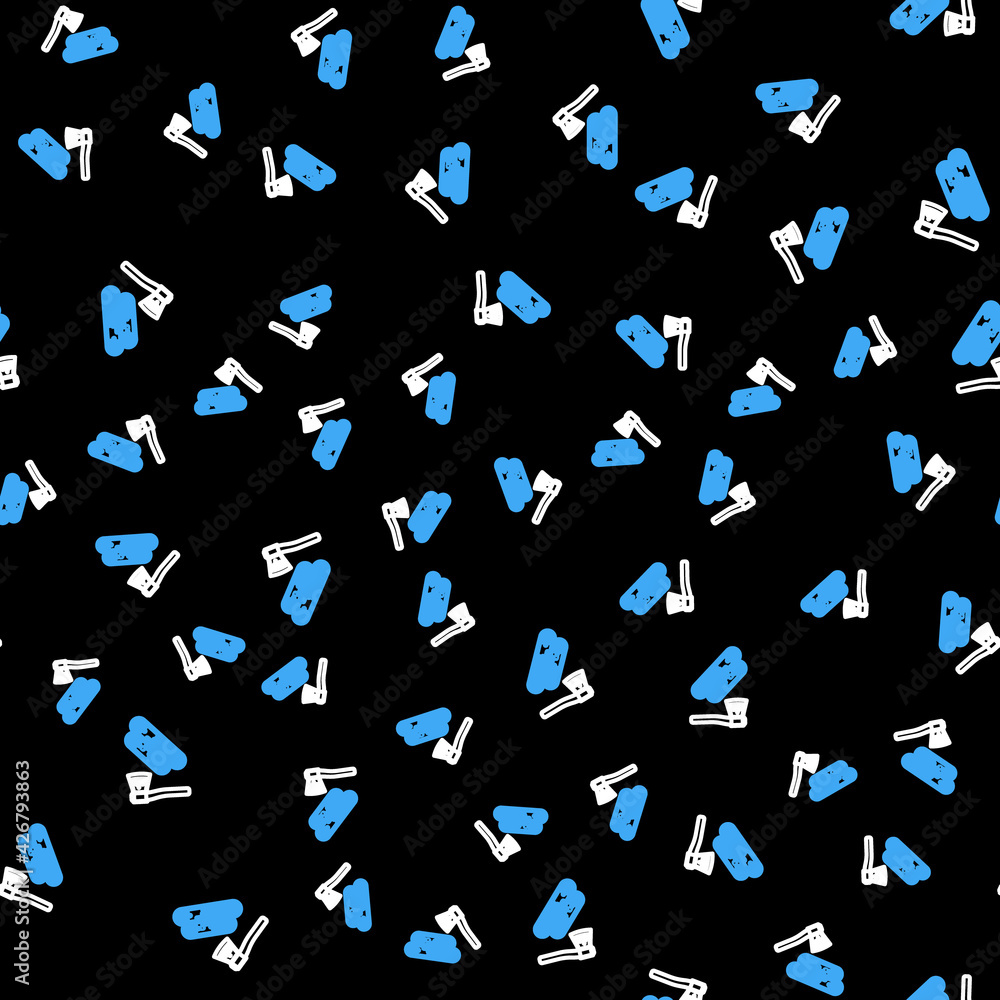 Line Wooden axe and wood icon isolated seamless pattern on black background. Lumberjack axe. Vector Line Wooden axe and wood icon isolated seamless pattern on black background. Lumberjack axe. Vector