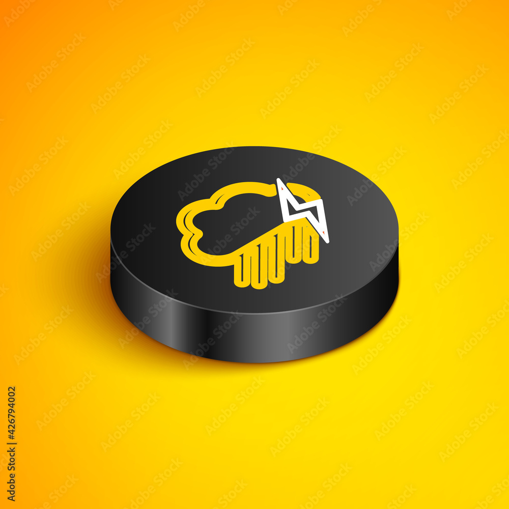 Isometric line Cloud with rain and lightning icon isolated on yellow background. Rain cloud precipitation with rain drops.Weather icon of storm. Black circle button. Vector Isometric line Cloud with rain and lightning icon isolated on yellow background. Rain cloud precipitation with rain drops.Weather icon of storm. Black circle button. Vector