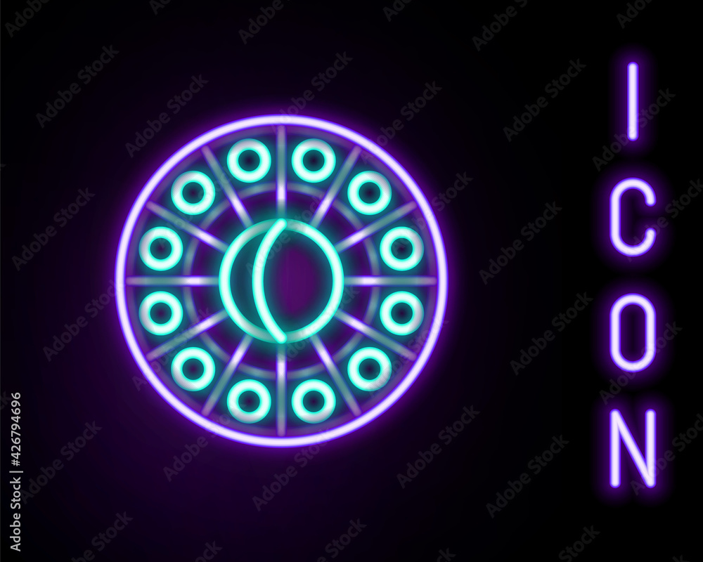 Glowing neon line Astrology horoscope circle with zodiac icon isolated on black background. Colorful outline concept. Vector Glowing neon line Astrology horoscope circle with zodiac icon isolated on black background. Colorful outline concept. Vector