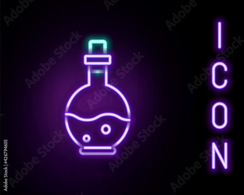 Glowing neon line Glass bottle with magic elixir icon isolated on black background. Computer game asset. Colorful outline concept. Vector
